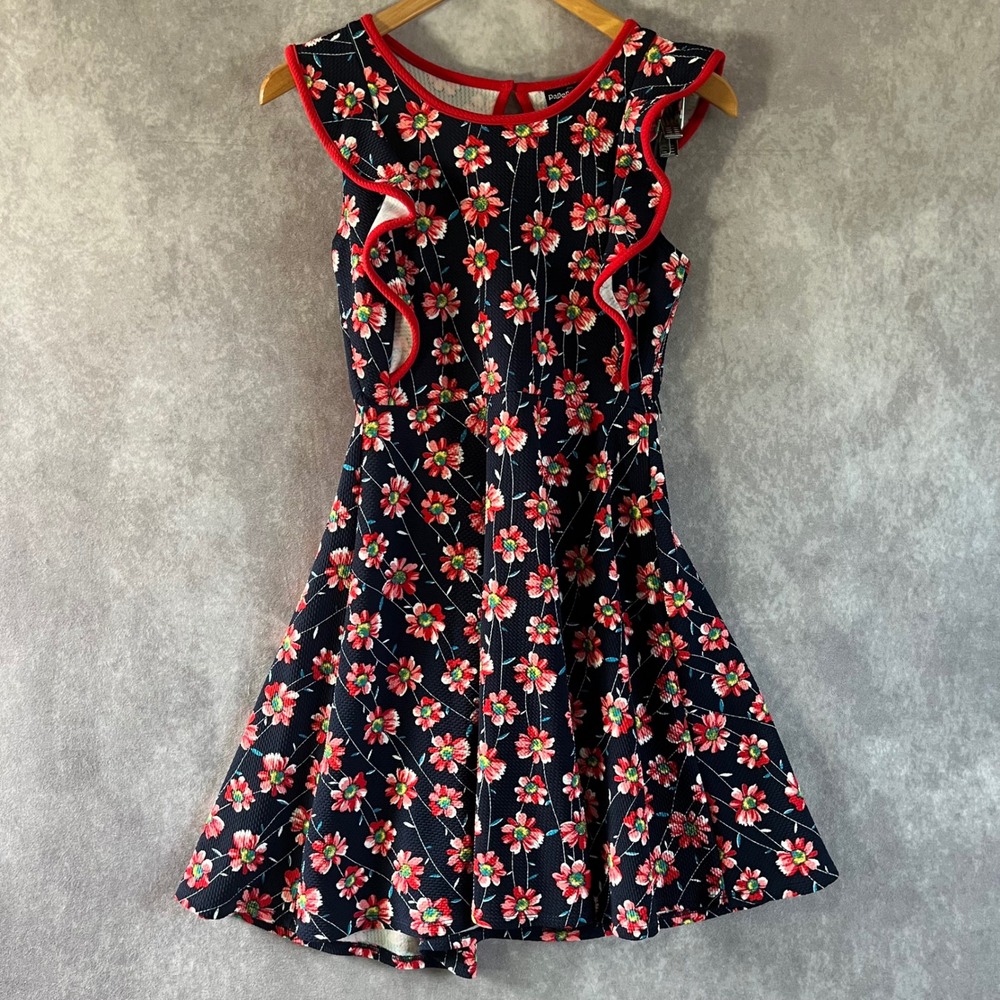 Paper Doll Floral Fit and Flare Dress Girls Size 12 Navy Red Ruffle IMD4735C